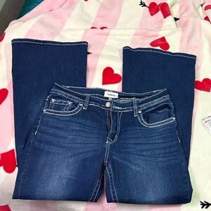 Bamboo Dark Blue Flare Jeans With Embellished Back Pocket Detail